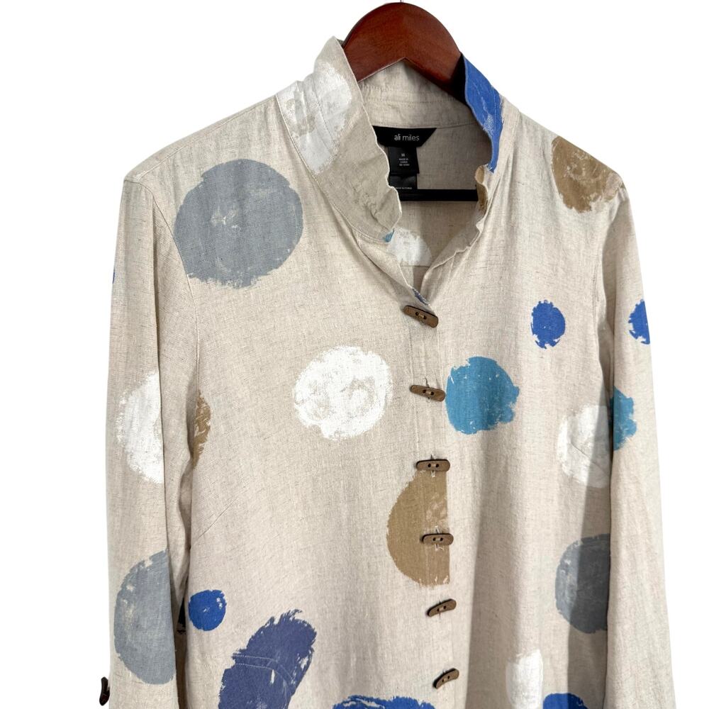 Ali Miles Sz Medium LINEN BLEND Blue Beige Wearable Art Beach Blouse Shirt Top - Picture 6 of 13